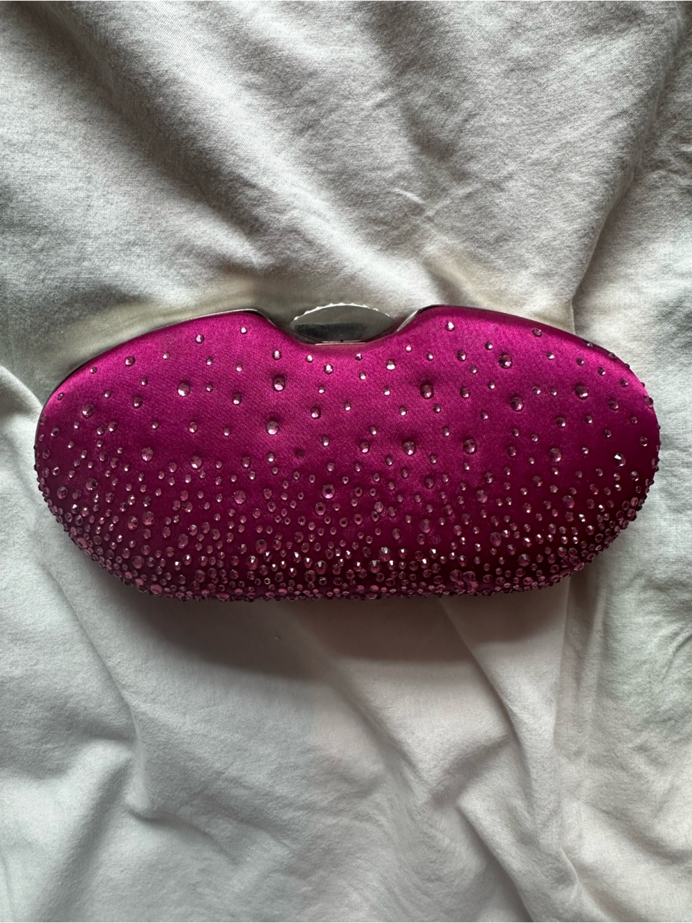 Jessica McClintock Glam Rhinestone Satin Clutch Evening Bag Pink Silver